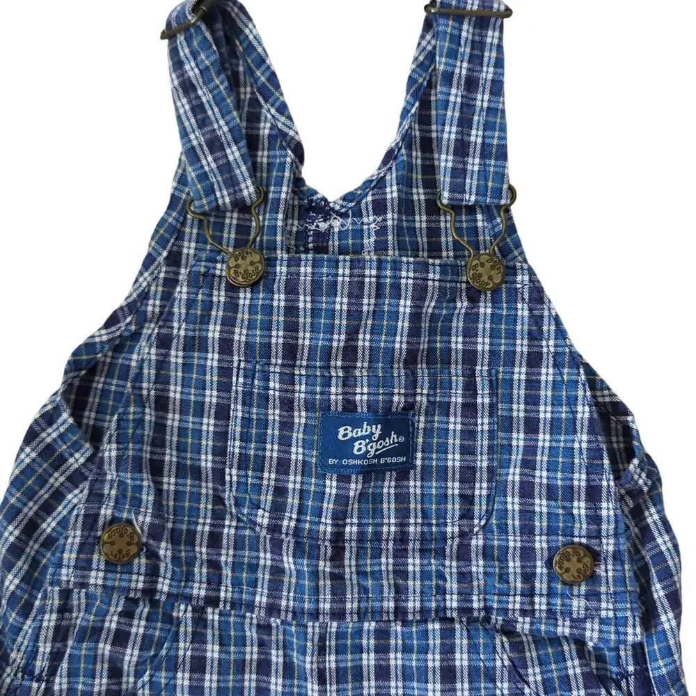 Vintage OshKosh B'gosh Baby Overall Shorts Shortalls Blue Checker Plaid 12 Month